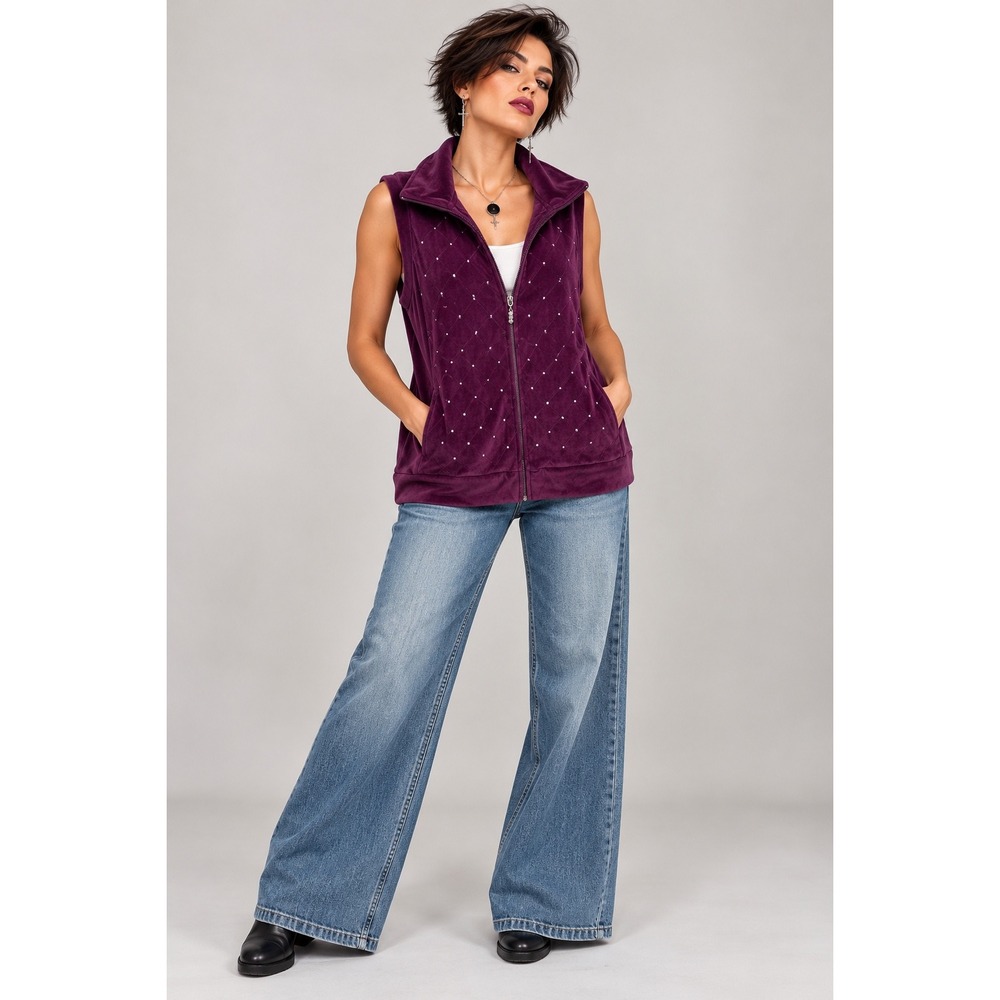 Quacker Factory L Plum Velour Rhinestone Quilted Zip Vest